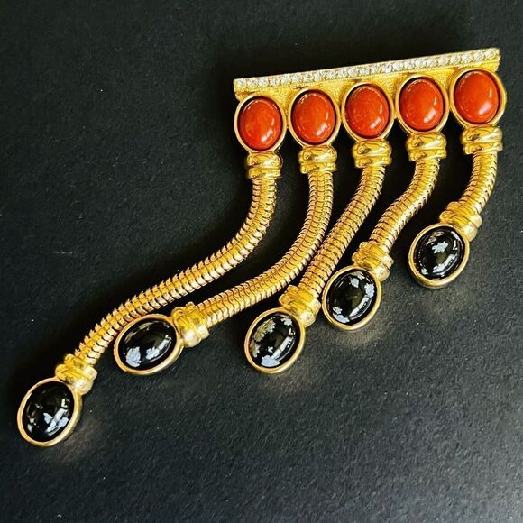 Vintage Huge Dangle Brooch Black Rusty Red Cabochon Stones Gold Tone OOAK 4241 - Picture 2 of 12